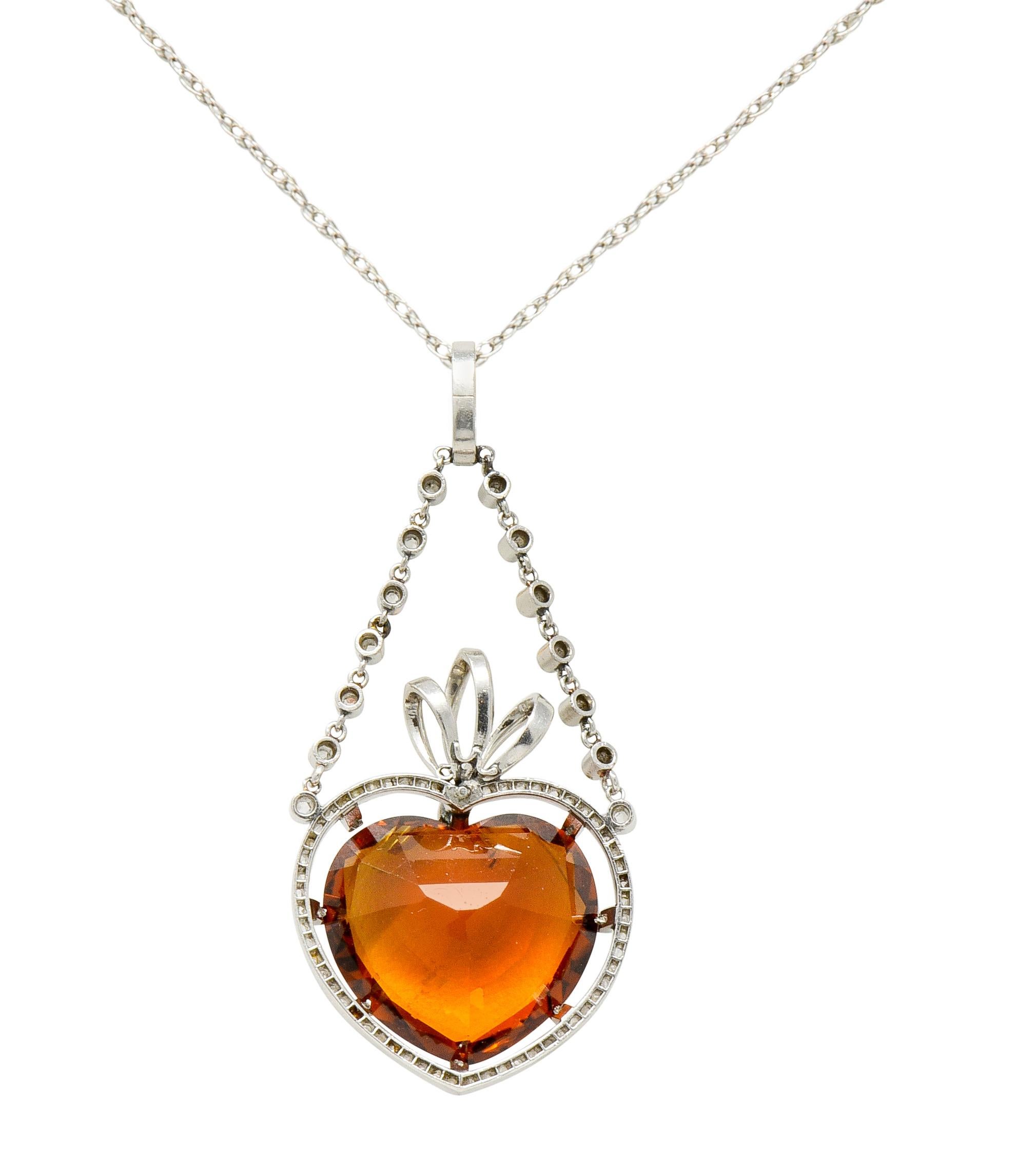 Edwardian Citrine Diamond Platinum Heart Swag Pendant Necklace 3