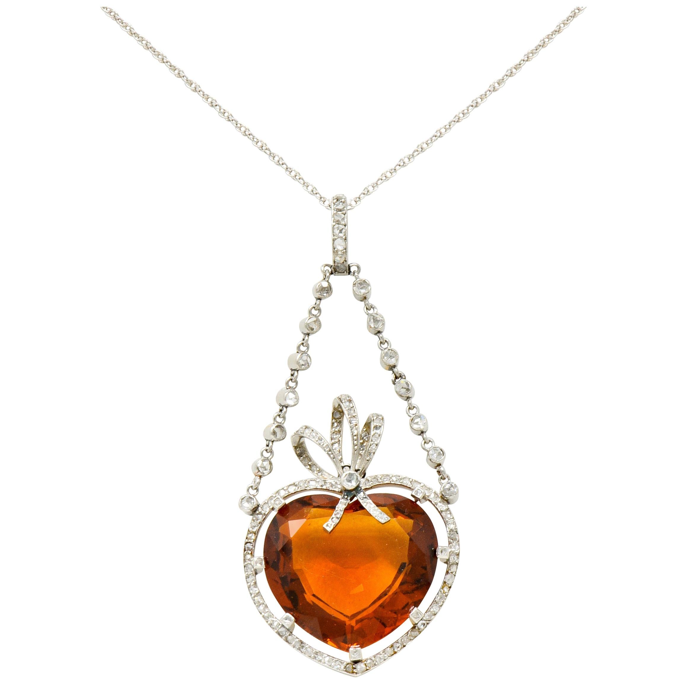 Edwardian Citrine Diamond Platinum Heart Swag Pendant Necklace