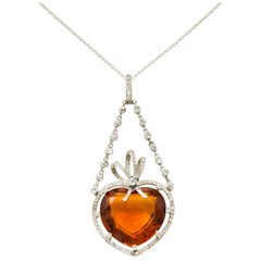 Edwardian Citrine Diamond Platinum Heart Swag Pendant Necklace