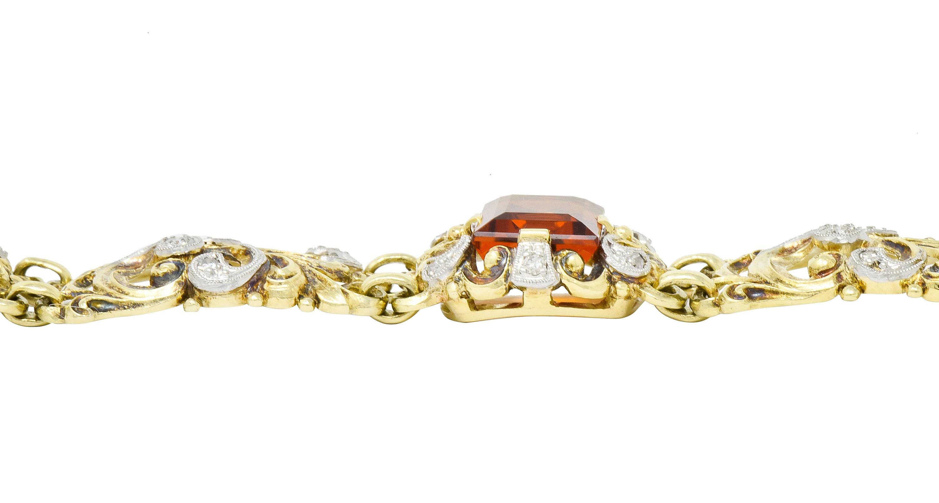 Edwardian Citrine Diamond Platinum-Topped 14 Karat Gold Scrolled Link Brooch 7