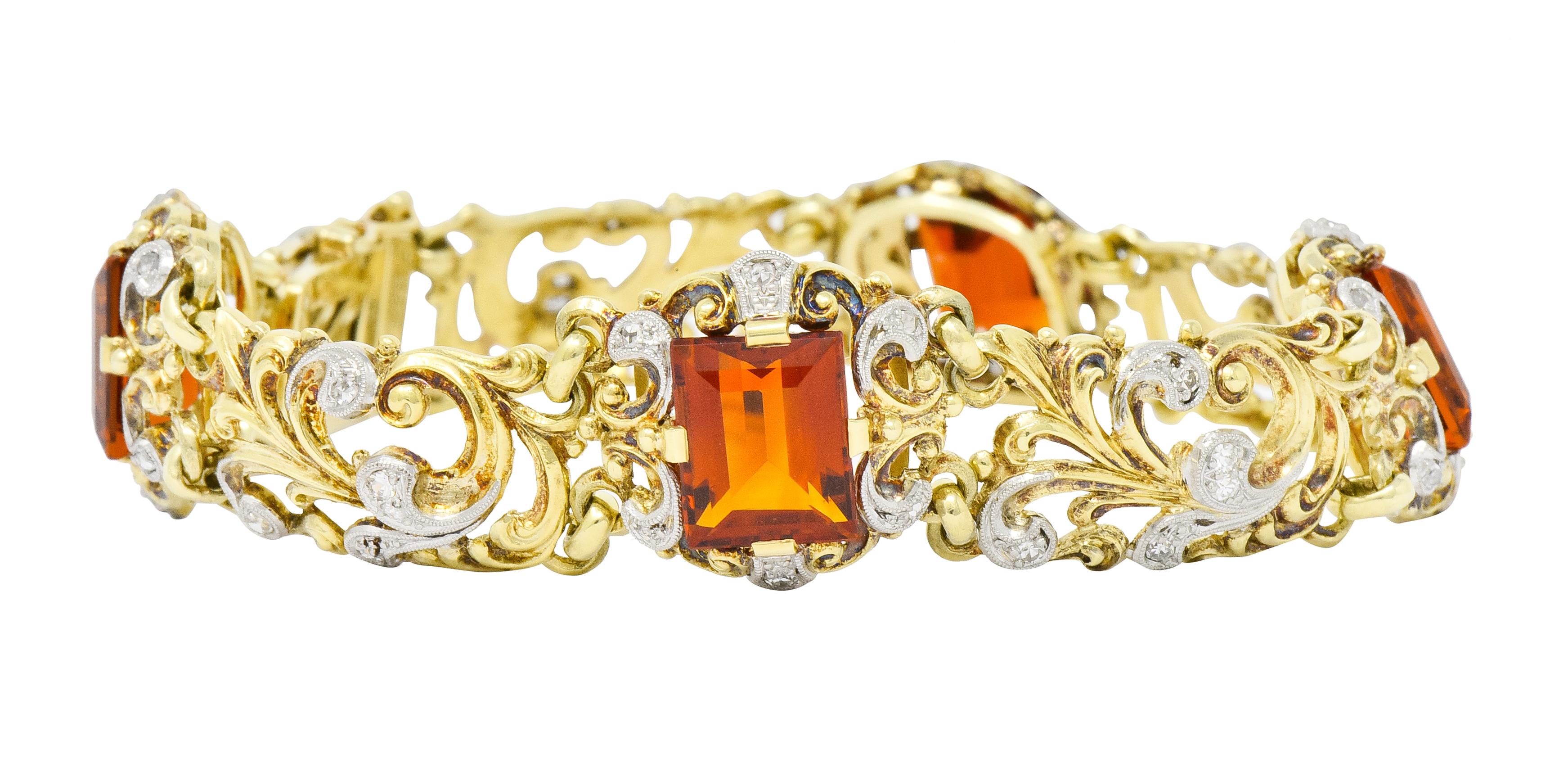Edwardian Citrine Diamond Platinum-Topped 14 Karat Gold Scrolled Link Brooch In Excellent Condition In Philadelphia, PA