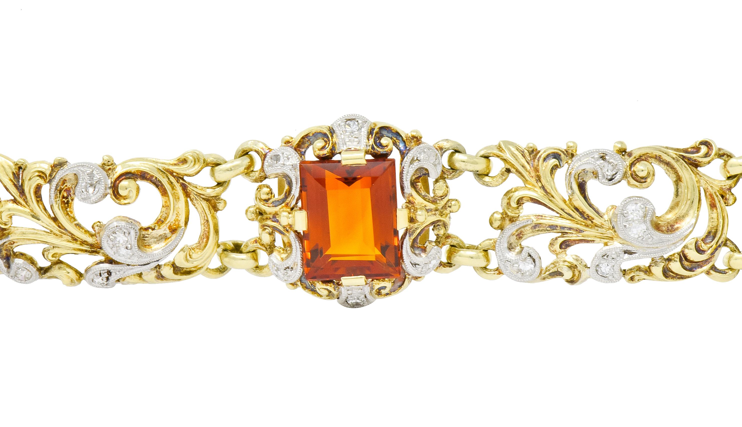 Edwardian Citrine Diamond Platinum-Topped 14 Karat Gold Scrolled Link Brooch 3