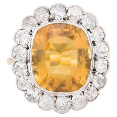 Edwardian Citrine & European Cut Diamond Halo Ring in 18 Karat Gold, Platinum