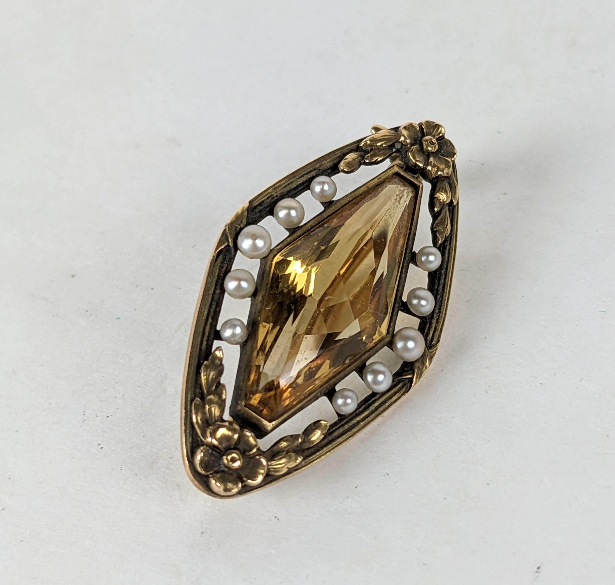 Mixed Cut Edwardian Citrine, Pearl and Gold Brooch For Sale