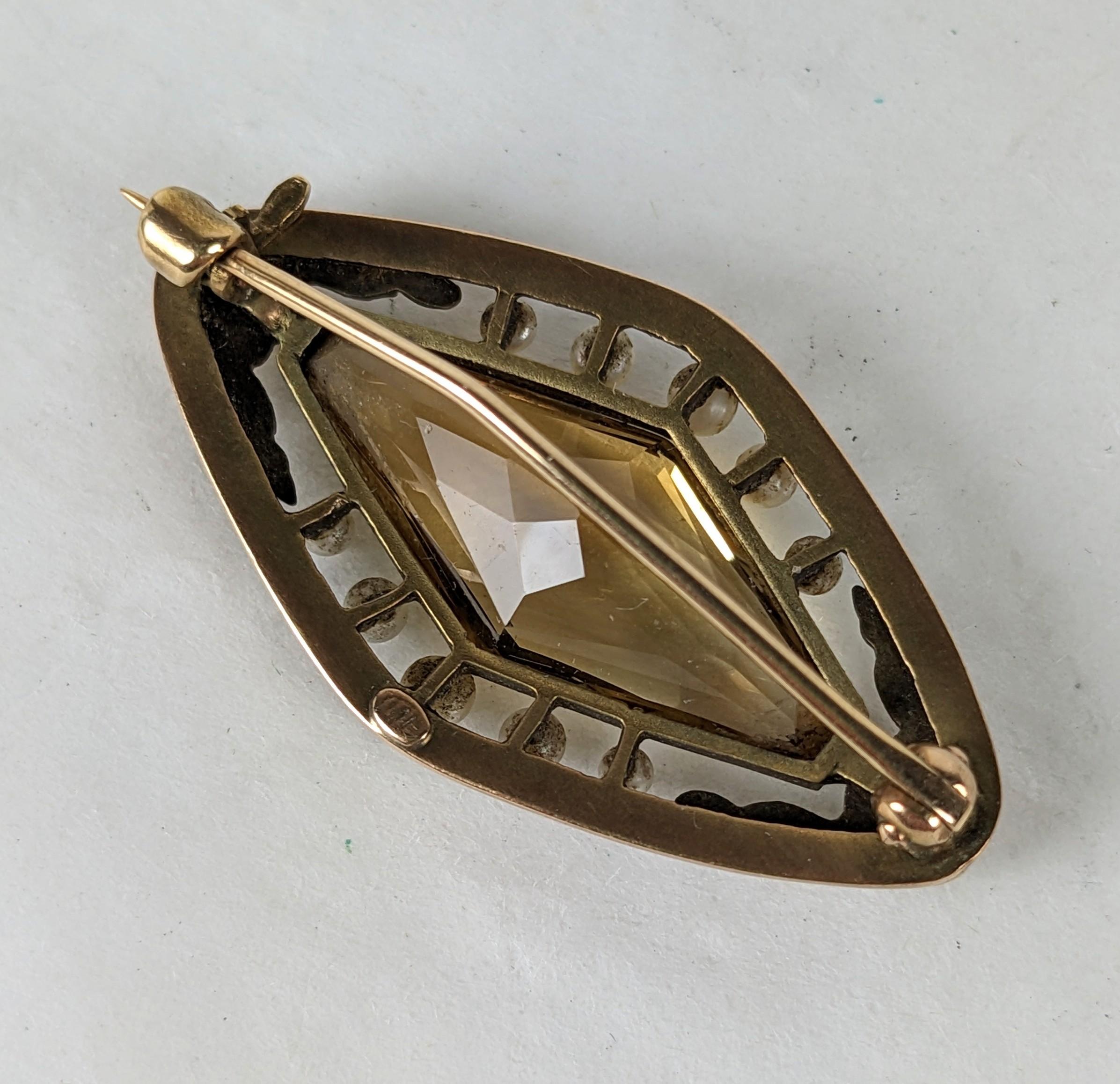Women's or Men's Edwardian Citrine, Pearl and Gold Brooch For Sale