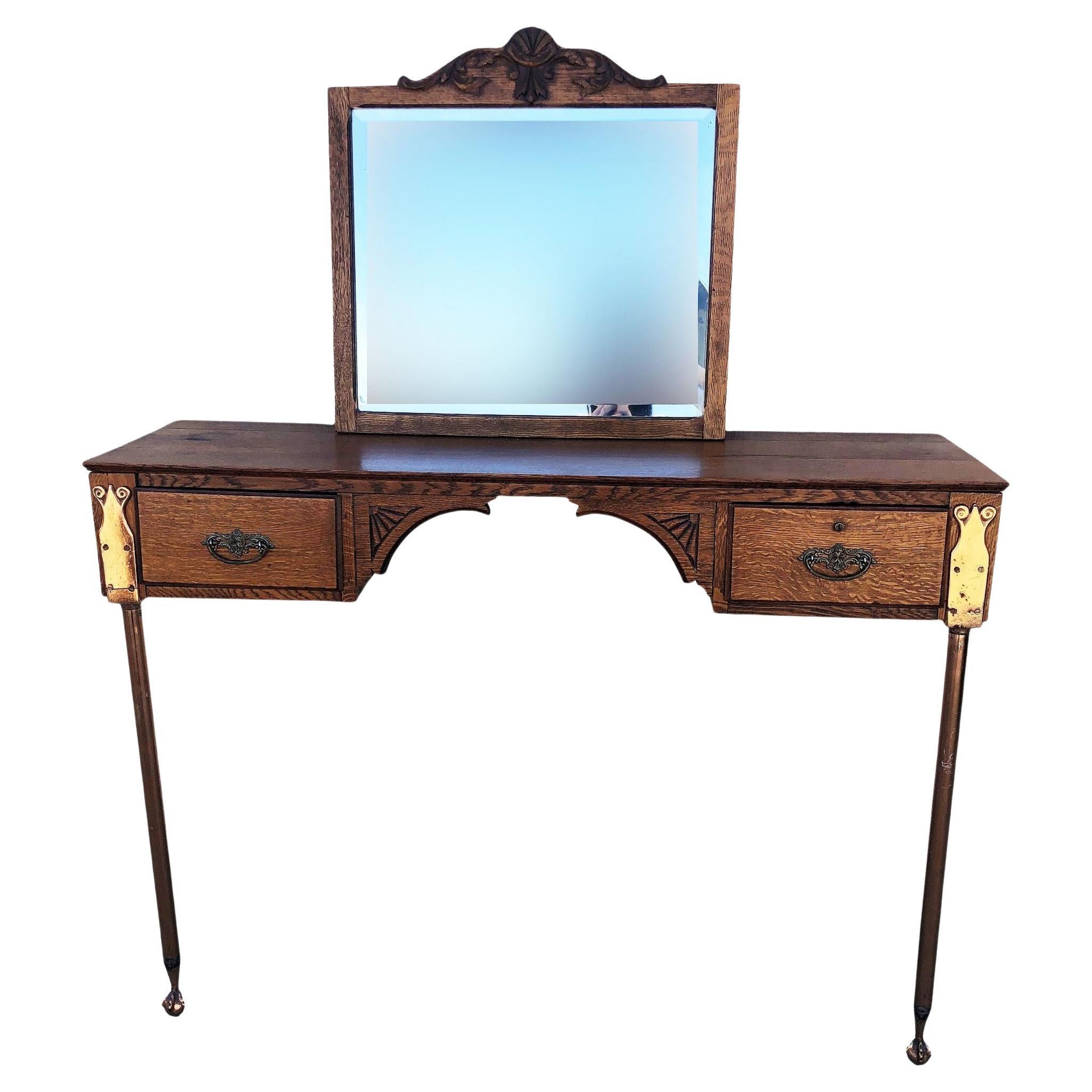 Edwardian Clawfoot Oak Wall Mount Vanity with Mirror