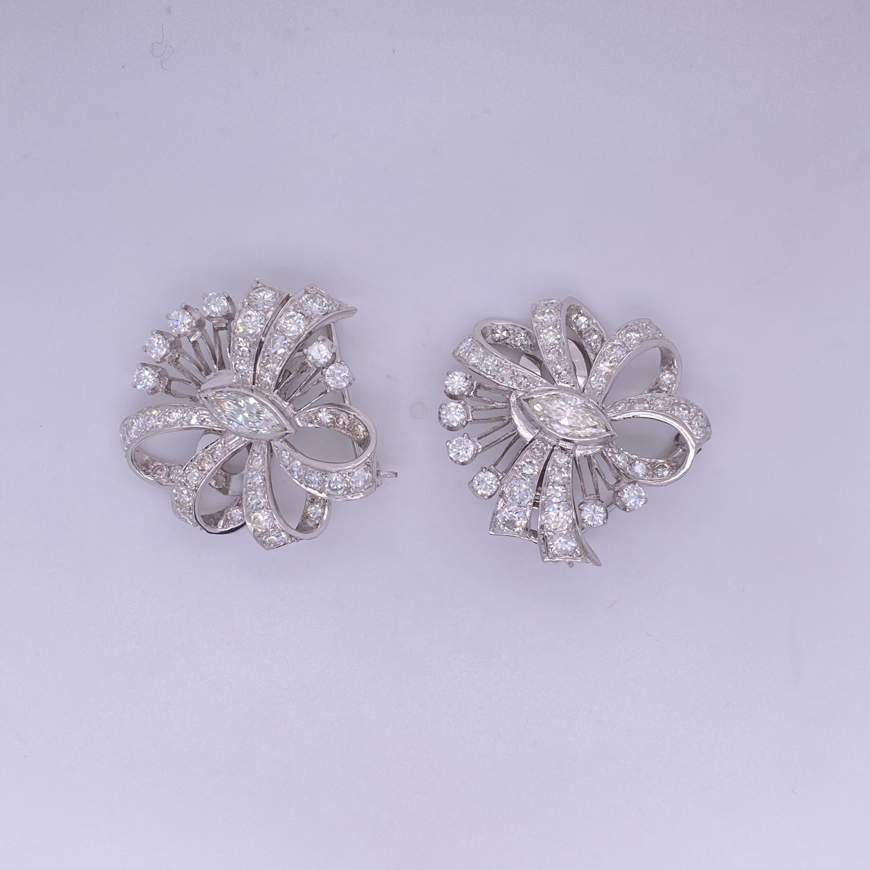 Edwardian, Cluster, Diamond Clip-On Earrings with Pin-Backs In New Condition In Bozeman, MT