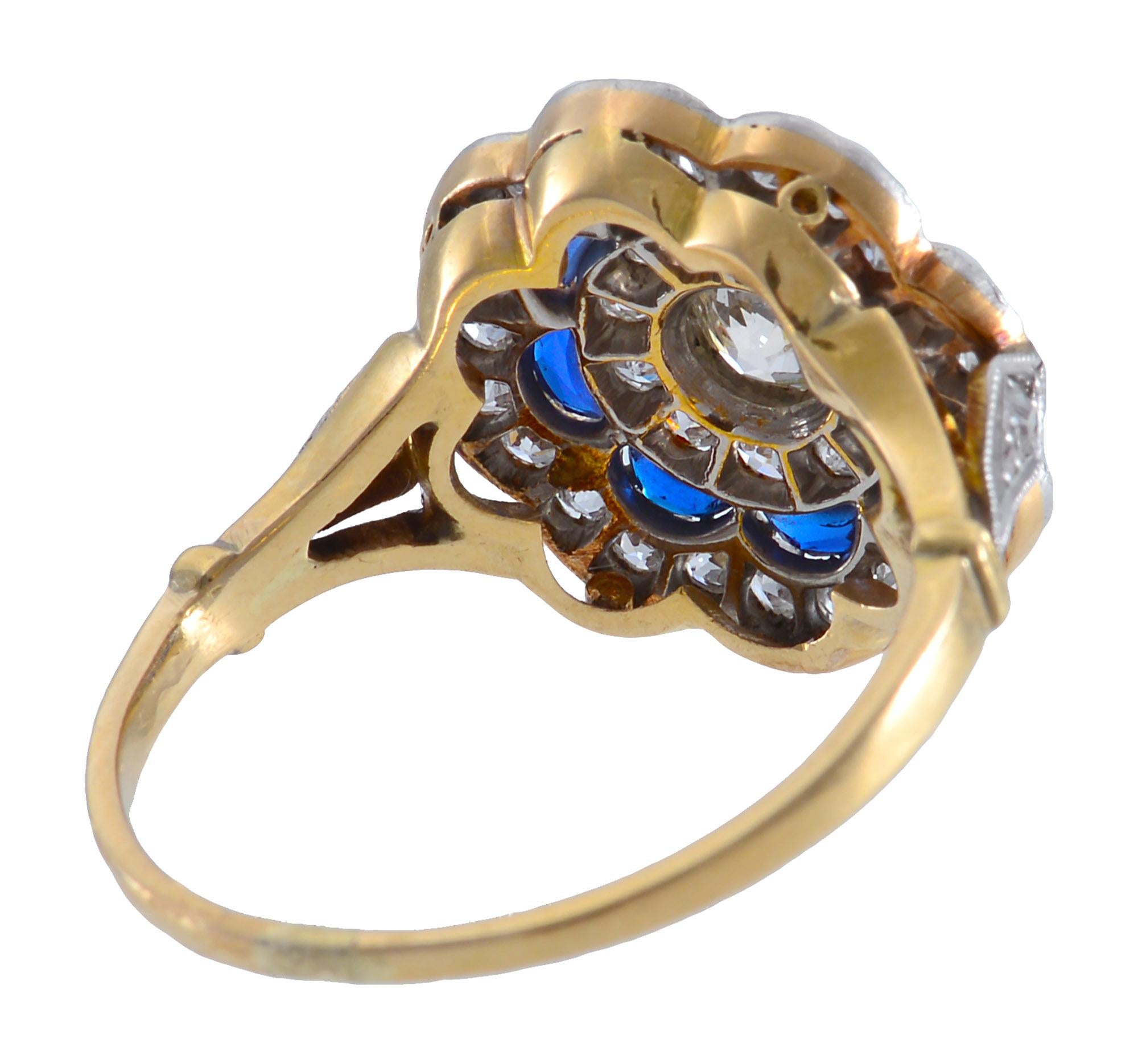 Edwardian Cluster Ring Set with Crescent Sapphires in a Platinum on Gold Mount In Excellent Condition For Sale In Melbourne, Victoria