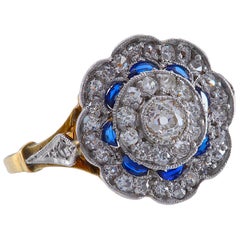 Antique Edwardian Cluster Ring Set with Crescent Sapphires in a Platinum on Gold Mount