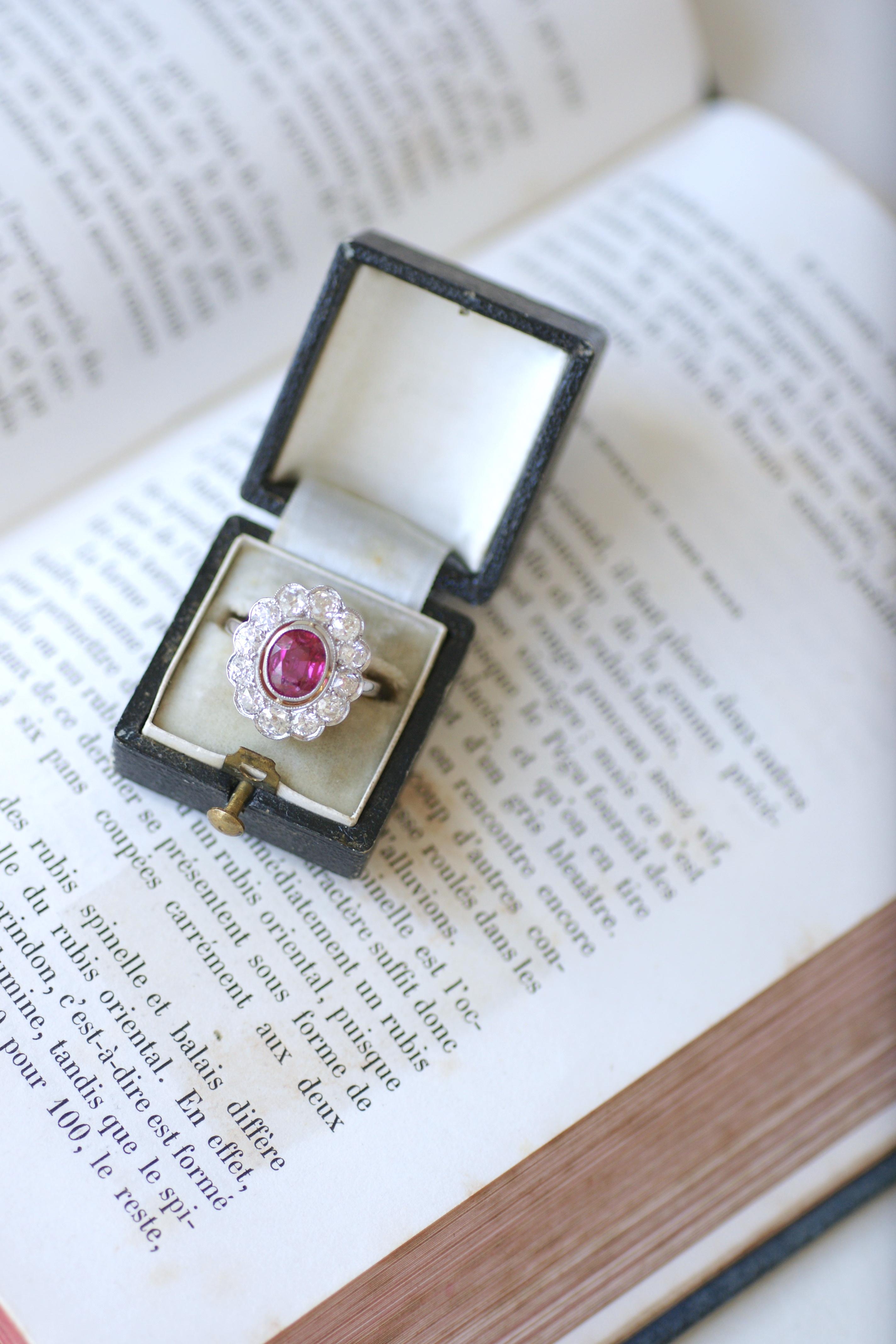 Edwardian Cluster Ring, Unheated Burmese Ruby 1.60 Cts, Diamond Surround For Sale 5