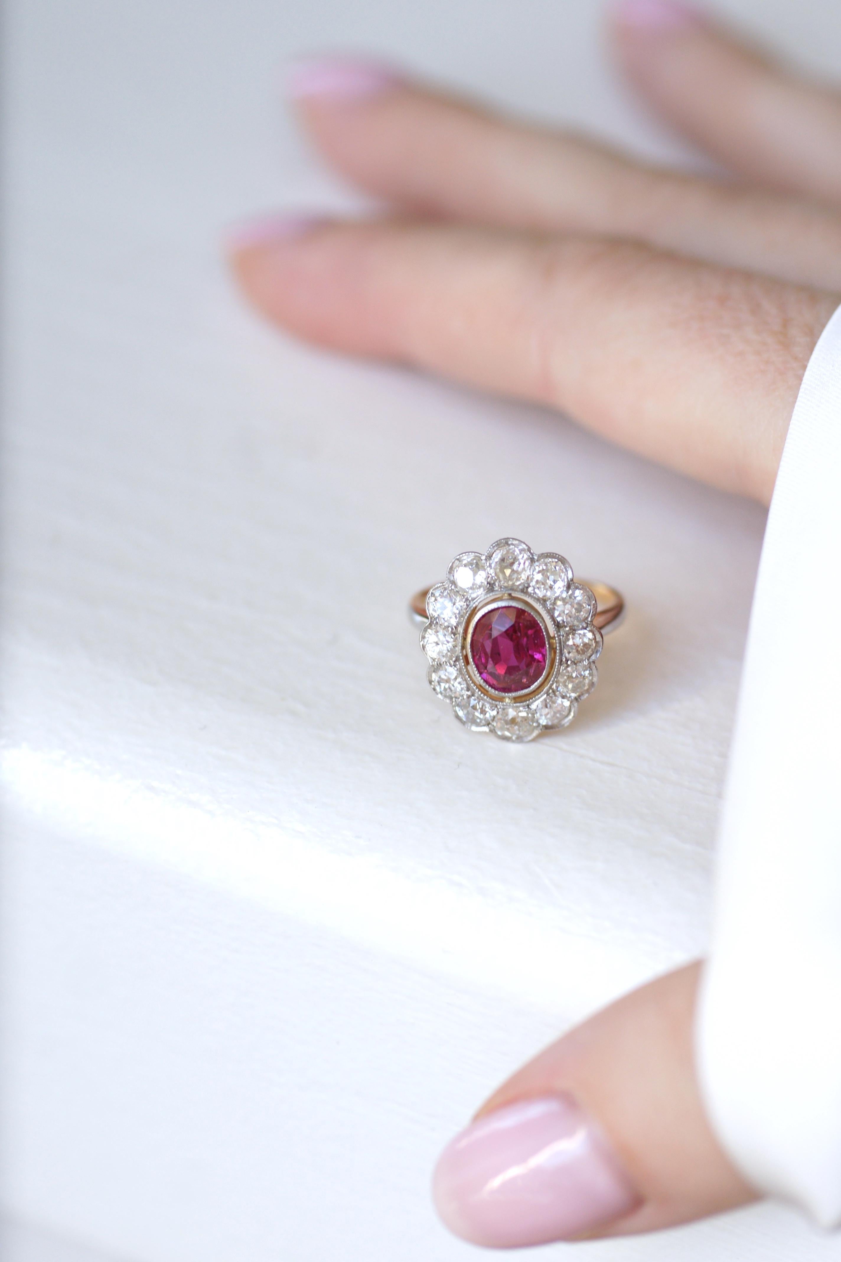 Edwardian Cluster Ring, Unheated Burmese Ruby 1.60 Cts, Diamond Surround For Sale 6