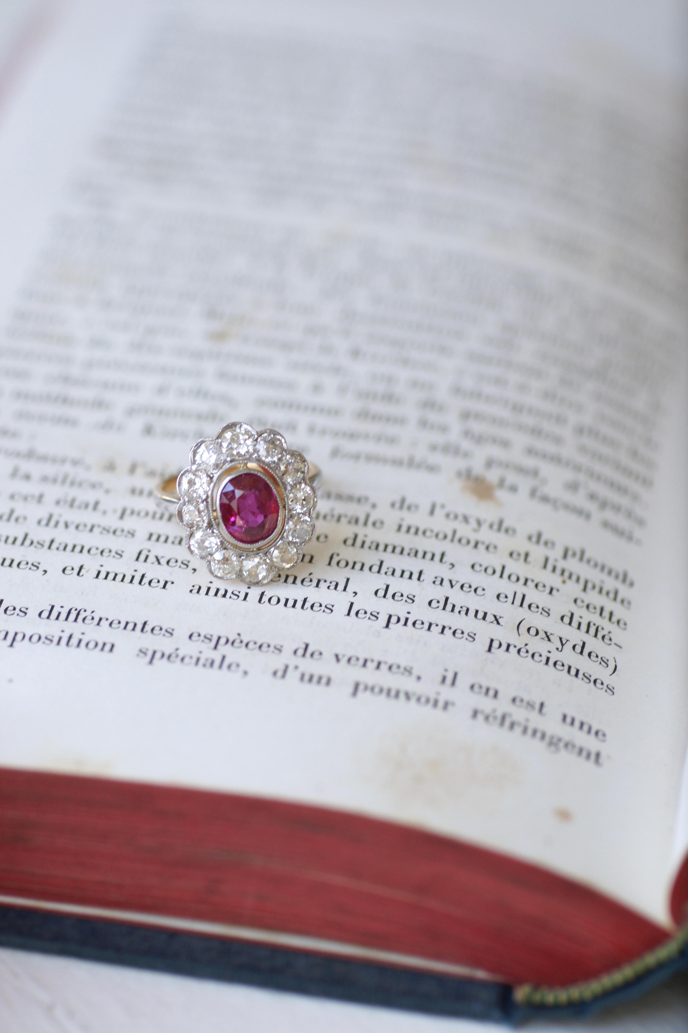 Edwardian Cluster Ring, Unheated Burmese Ruby 1.60 Cts, Diamond Surround For Sale 7