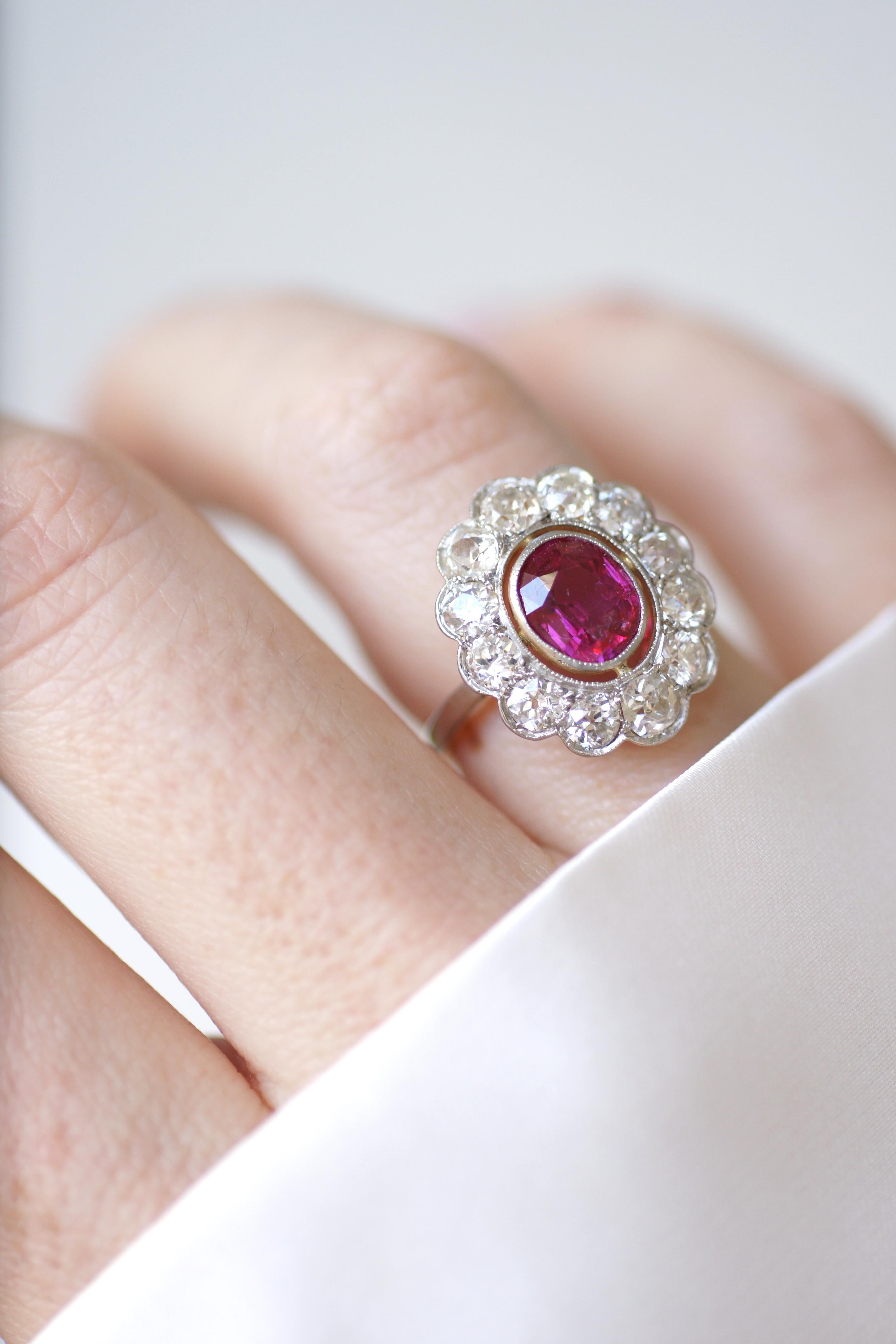 Oval Cut Edwardian Cluster Ring, Unheated Burmese Ruby 1.60 Cts, Diamond Surround For Sale