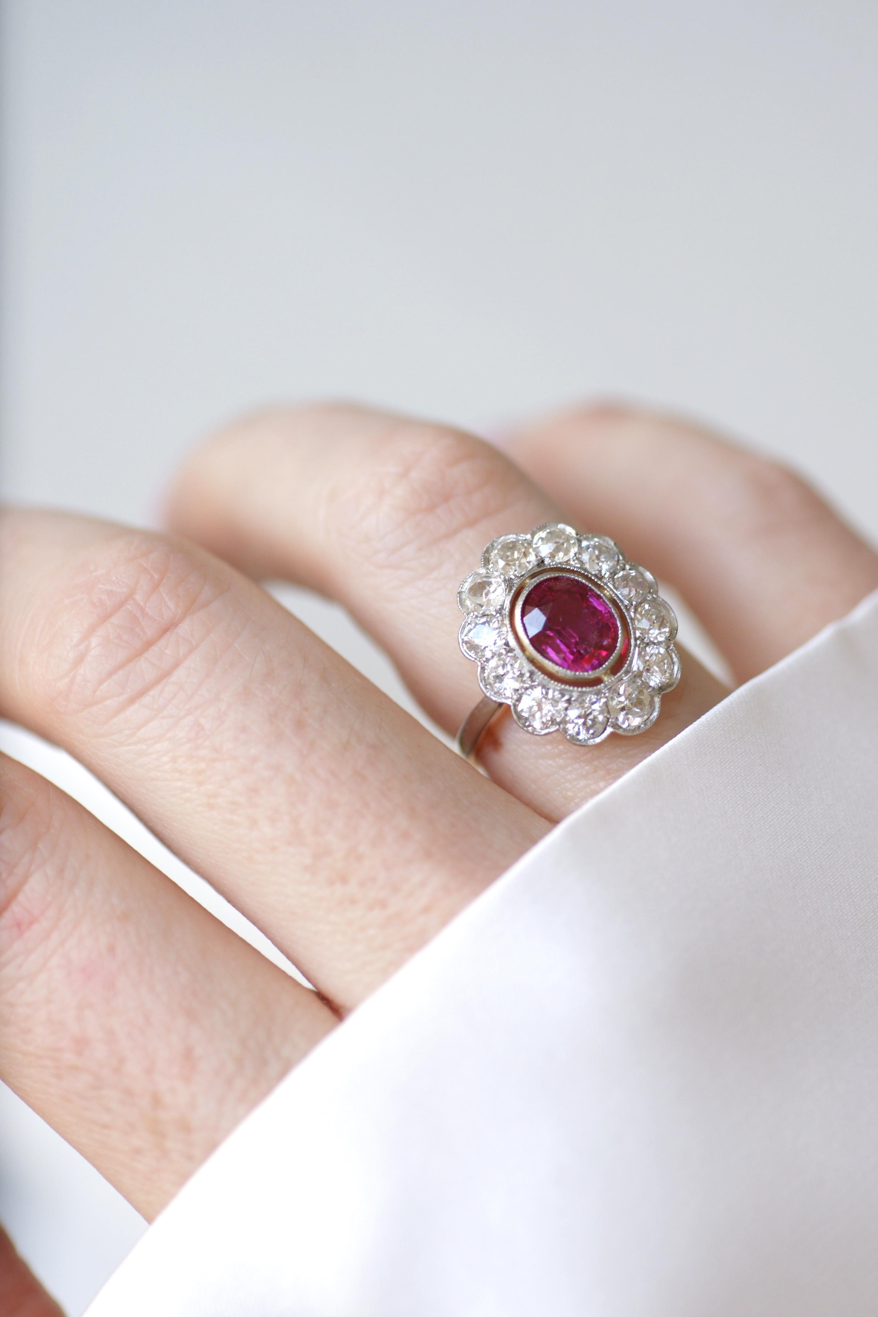 Women's Edwardian Cluster Ring, Unheated Burmese Ruby 1.60 Cts, Diamond Surround For Sale
