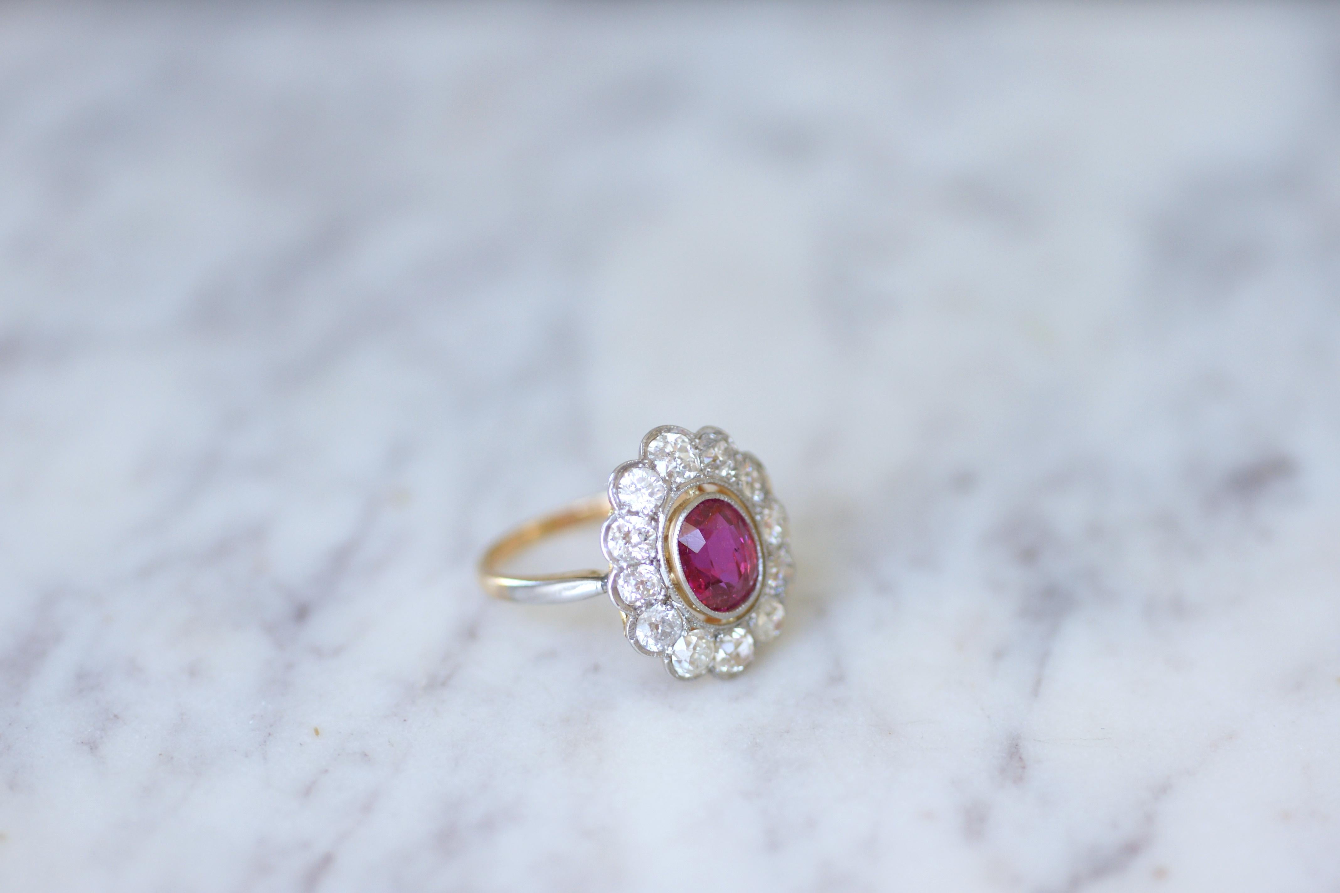 Edwardian Cluster Ring, Unheated Burmese Ruby 1.60 Cts, Diamond Surround For Sale 1