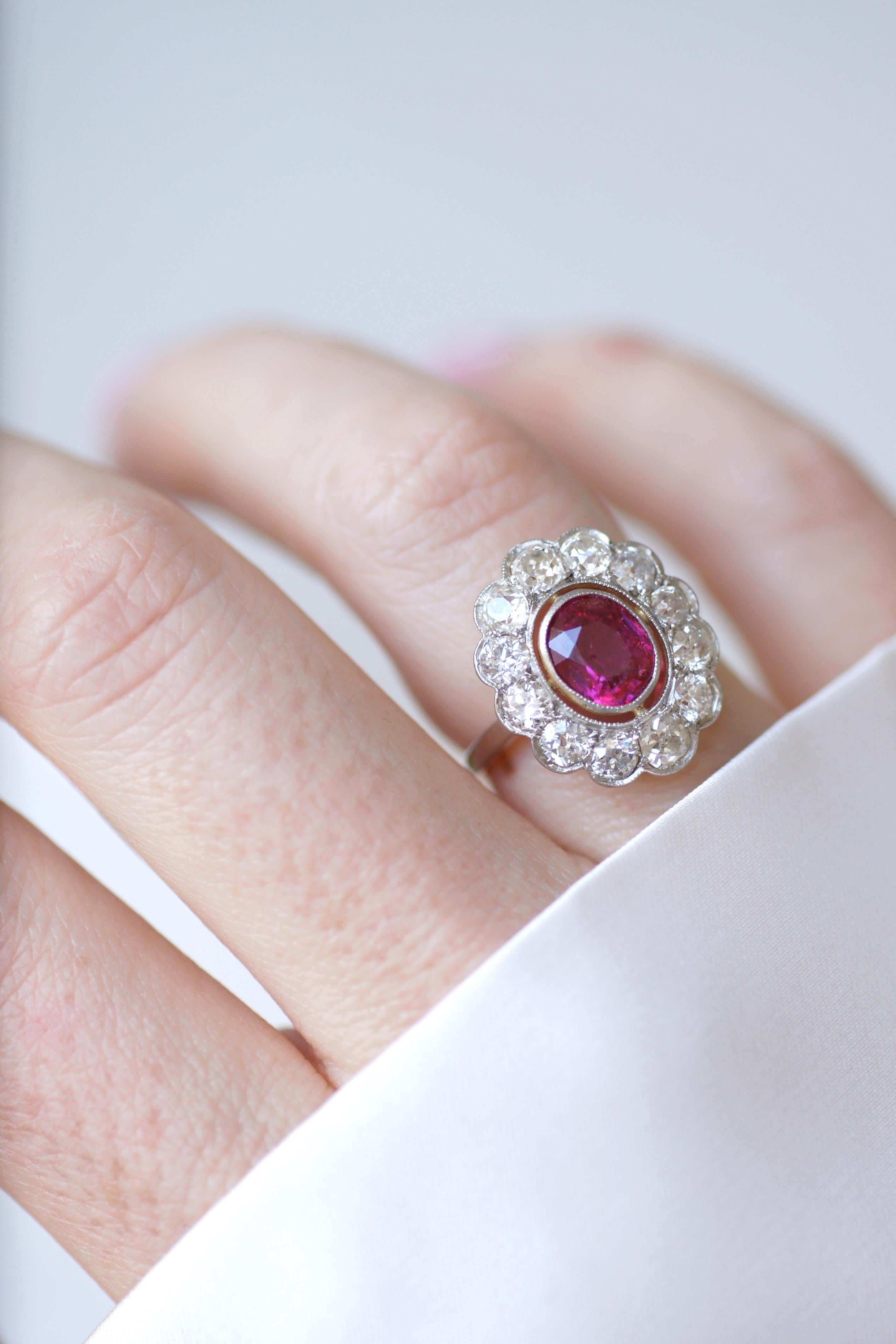 Edwardian Cluster Ring, Unheated Burmese Ruby 1.60 Cts, Diamond Surround For Sale 2
