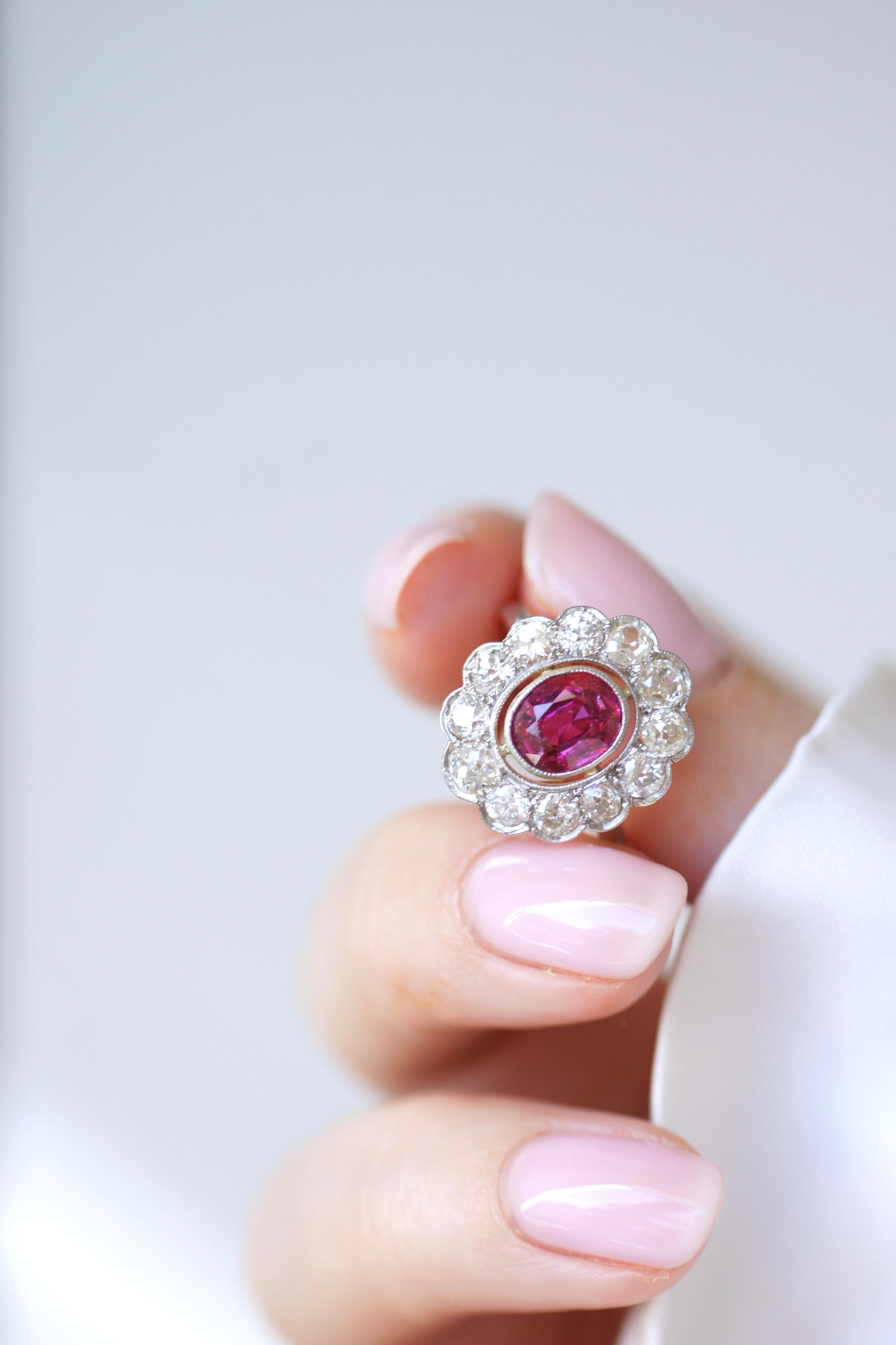 Edwardian Cluster Ring, Unheated Burmese Ruby 1.60 Cts, Diamond Surround For Sale 4