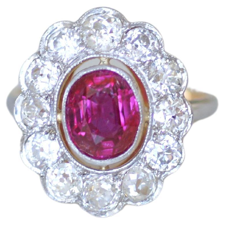 Edwardian Cluster Ring, Unheated Burmese Ruby 1.60 Cts, Diamond Surround For Sale