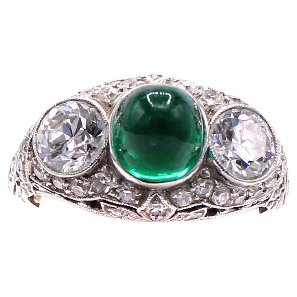 Edwardian Fire Opal Carved Cabochon Emerald Platinum Ring at 1stDibs