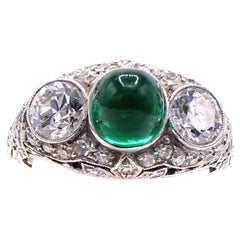 Edwardian Colombian Cabochon Emerald Diamond Platinum Engagement Ring