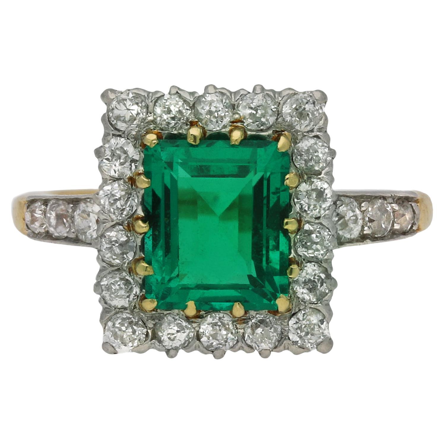 Edwardian Colombian Emerald and Diamond Cluster Ring, circa 1910 For Sale