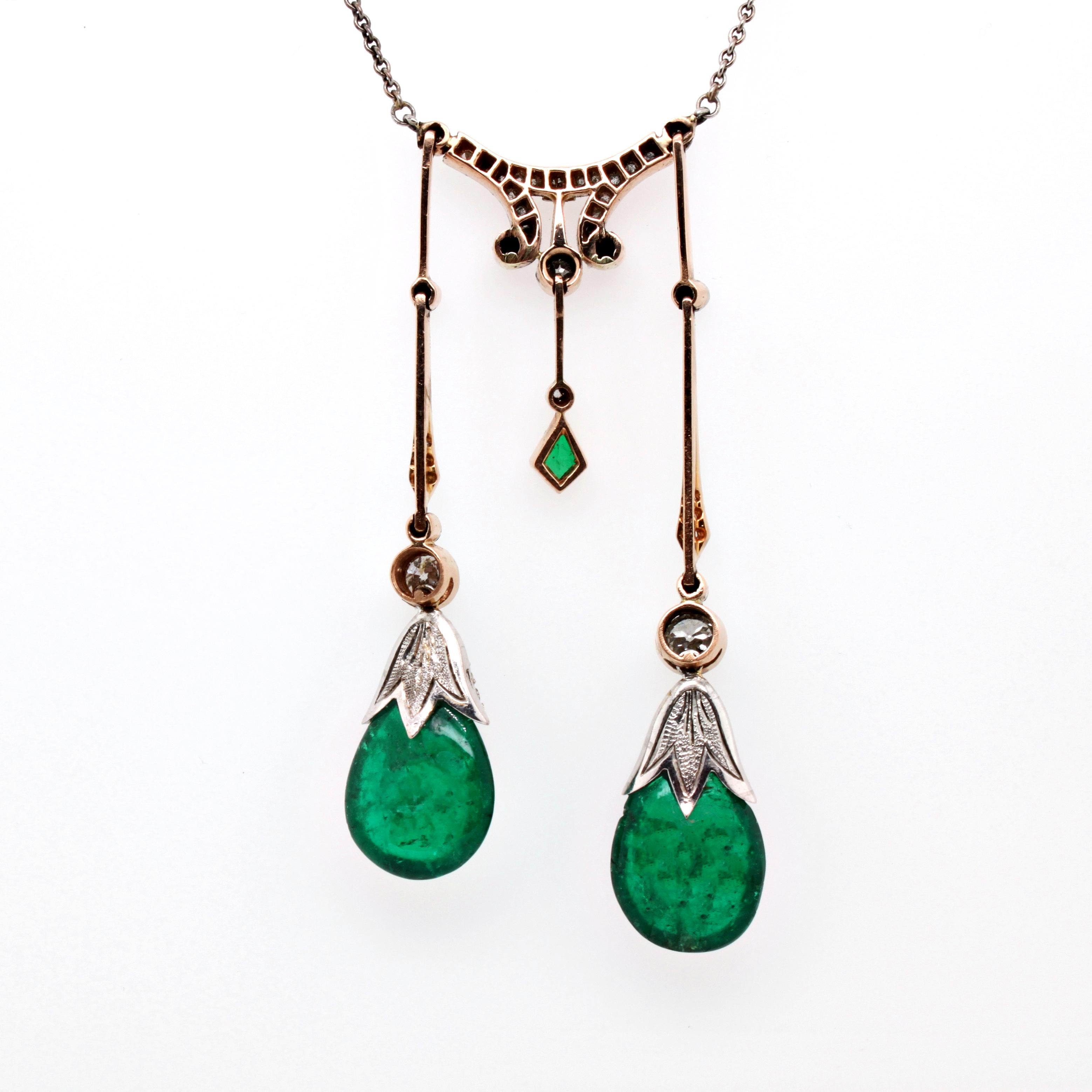 Edwardian Colombian Emerald and Diamond Lavaliere Negligee Necklace, circa 1910s In Good Condition In Idar-Oberstein, DE