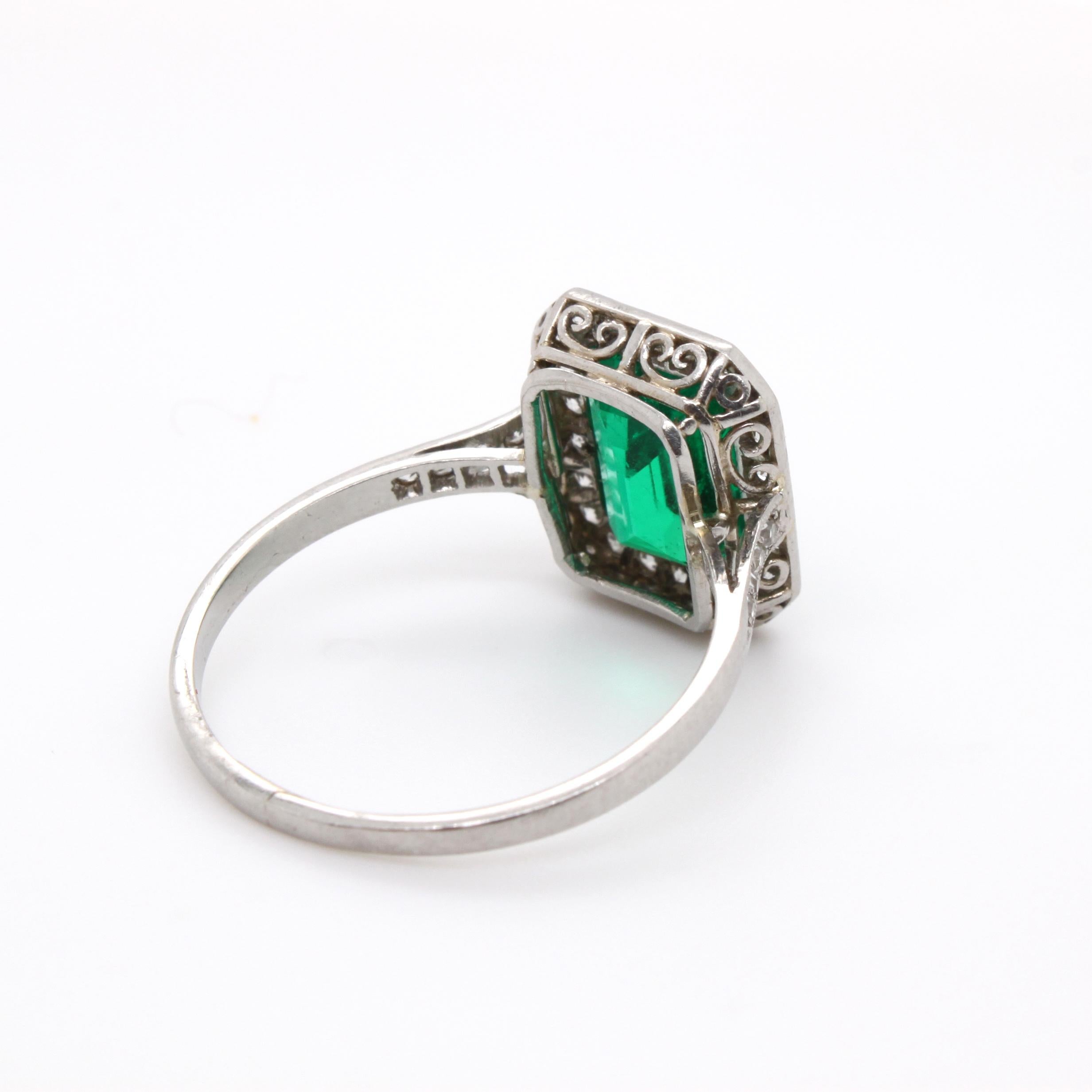 Emerald Cut Edwardian Colombian Emerald and Diamond Ring, circa 1910s