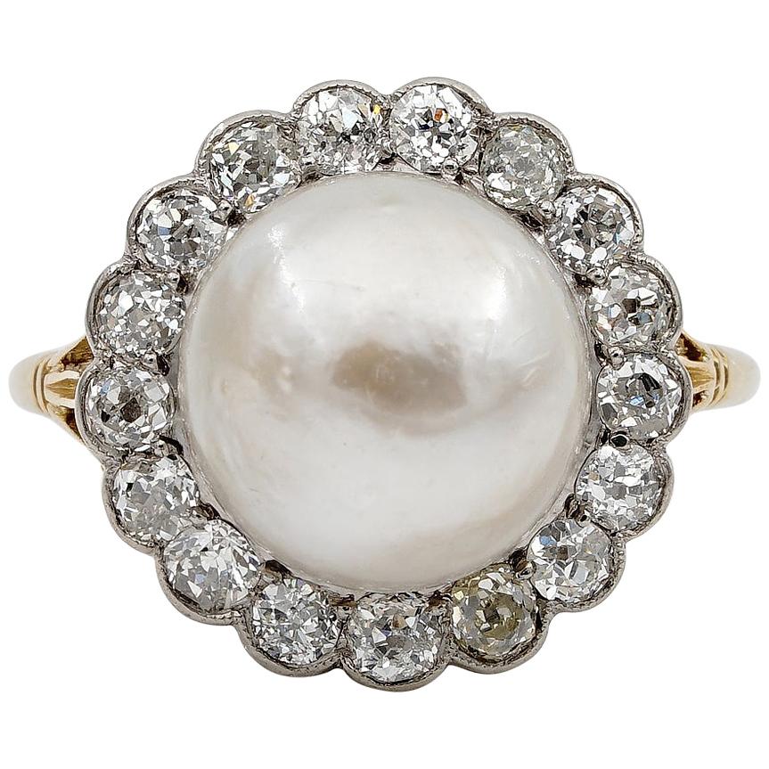 Edwardian Colossal Natural Split Pearl 1.60 Carat Diamond Engagement Ring For Sale