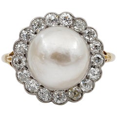 Antique Edwardian Colossal Natural Split Pearl 1.60 Carat Diamond Engagement Ring