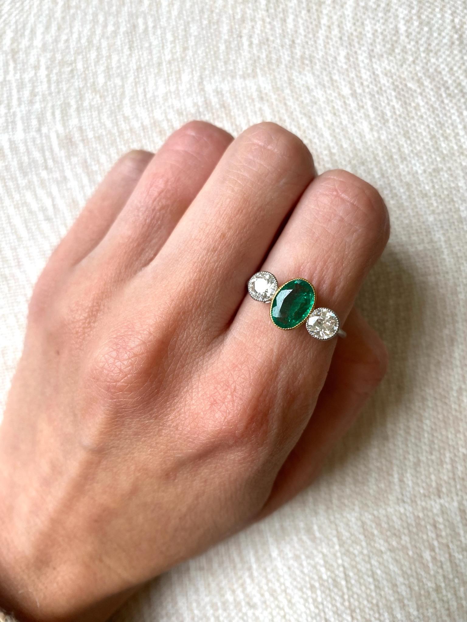 Oval Cut Edwardian Columbian Emerald and Diamond Ring For Sale