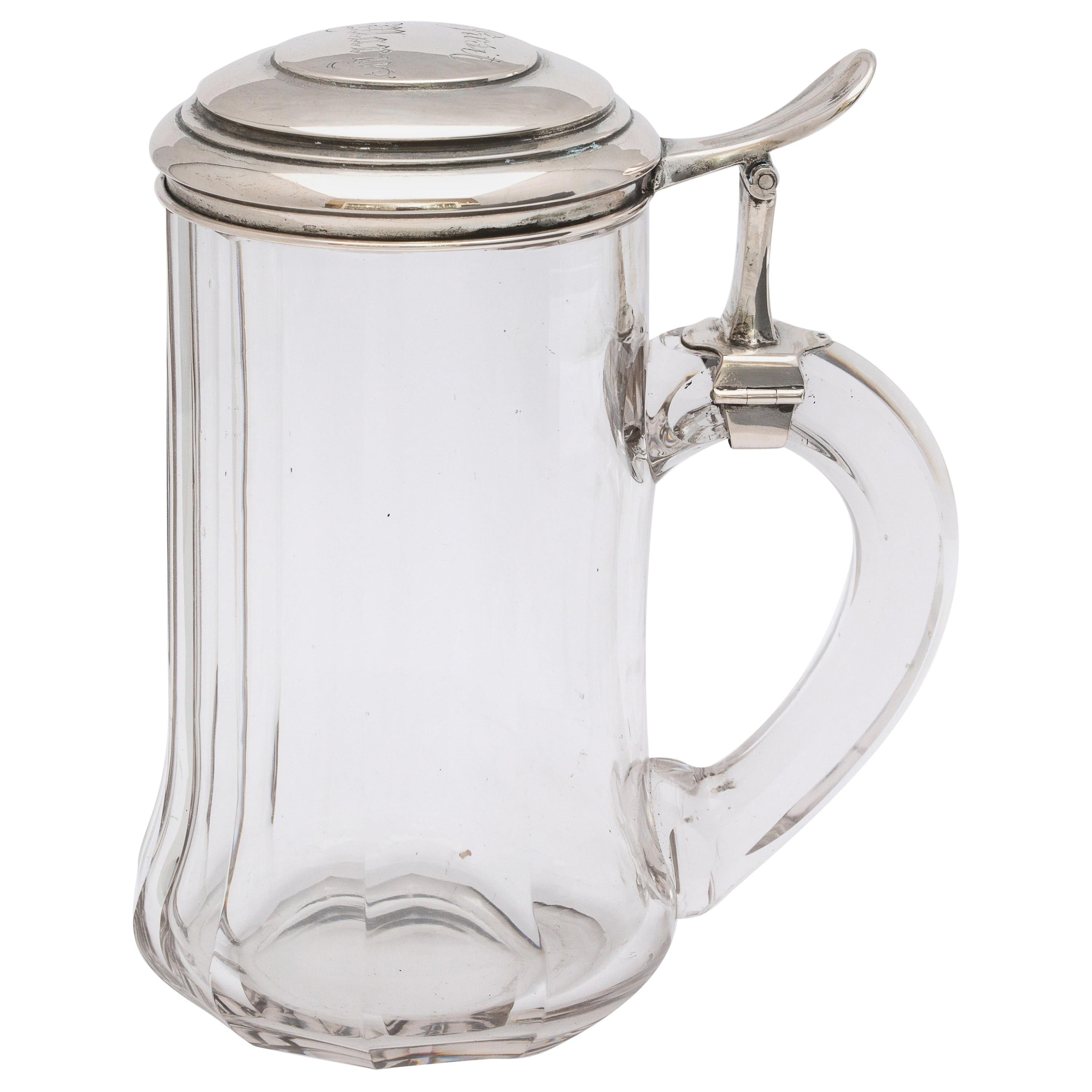 Edwardian Continental Silver '.800' Mounted Glass Drinking Stein With Hinged Lid