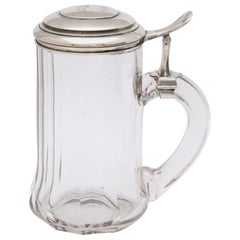 Antique Edwardian Continental Silver '.800' Mounted Glass Drinking Stein With Hinged Lid