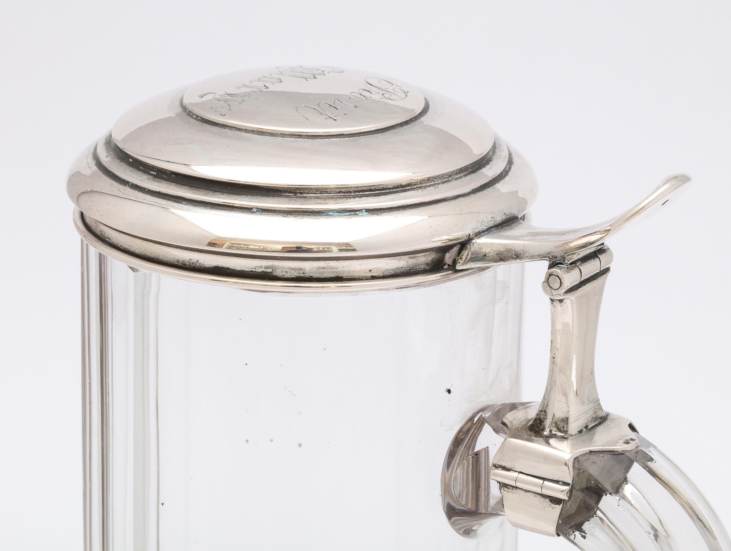 Edwardian Continental Silver '.800' Mounted Glass Drinking Stein With Hinged Lid For Sale 7