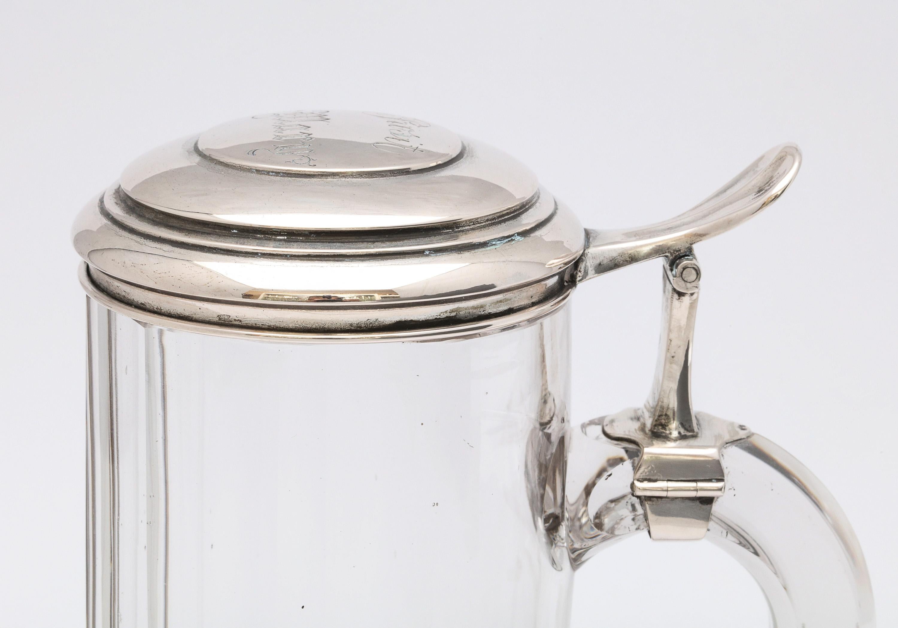 European Edwardian Continental Silver '.800' Mounted Glass Drinking Stein With Hinged Lid For Sale