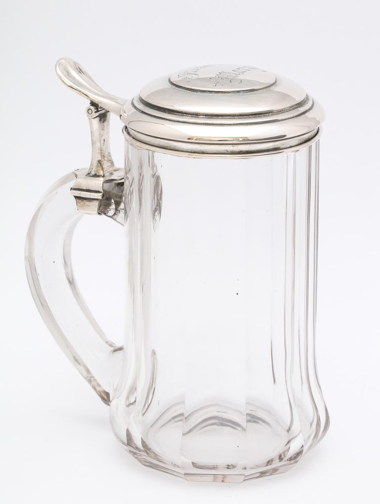 Edwardian Continental Silver '.800' Mounted Glass Drinking Stein With Hinged Lid For Sale 1