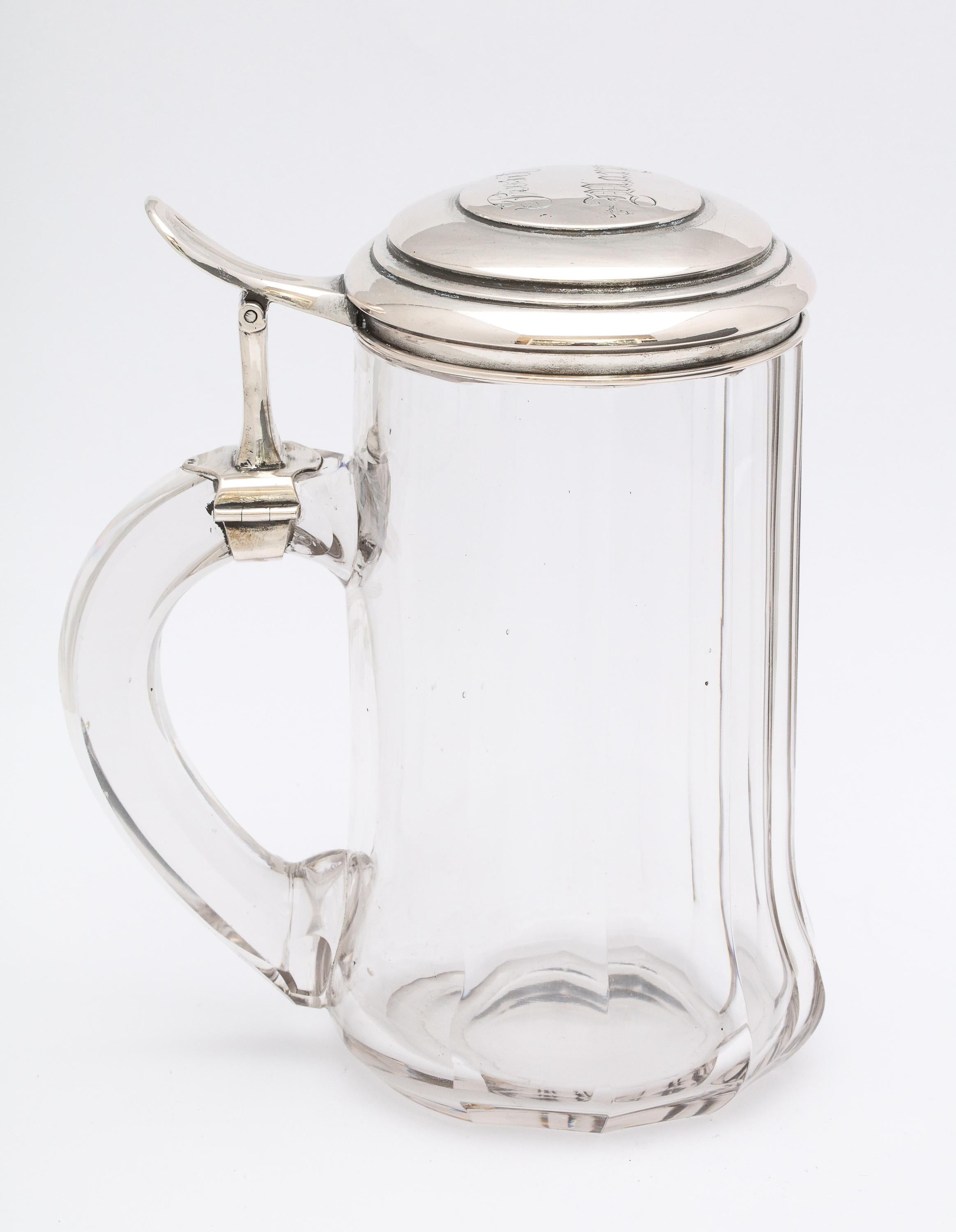 Early 20th Century Edwardian Continental Silver '.800' Mounted Glass Drinking Stein With Hinged Lid For Sale