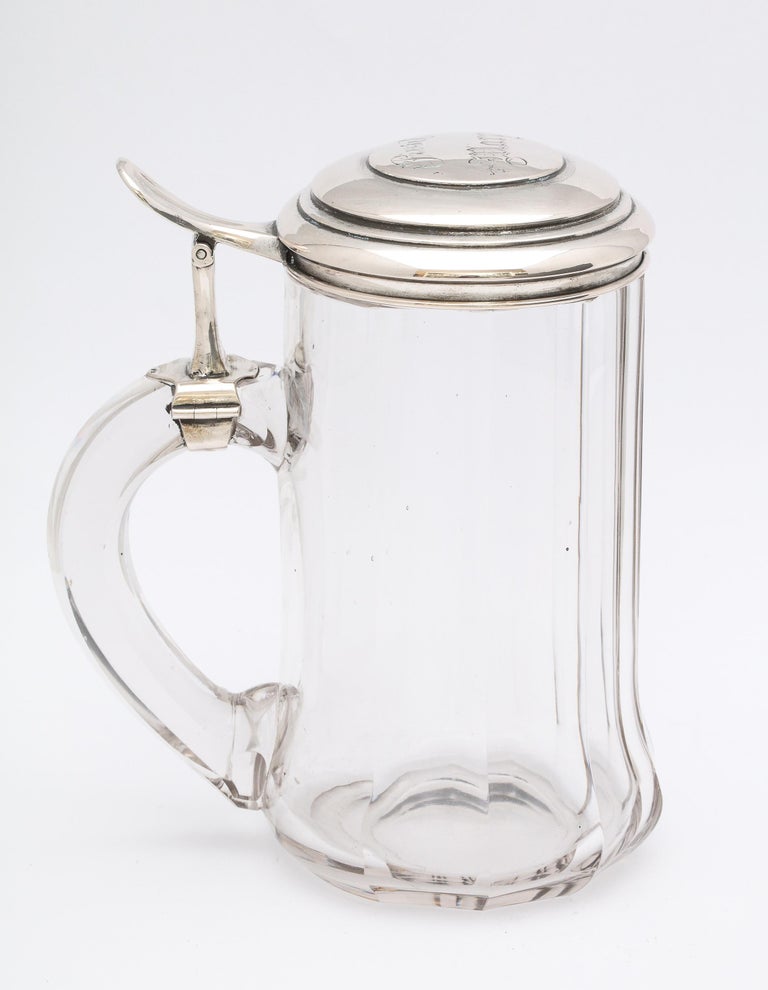 Edwardian Continental Silver '.800' Mounted Glass Drinking Stein With Hinged Lid For Sale 2