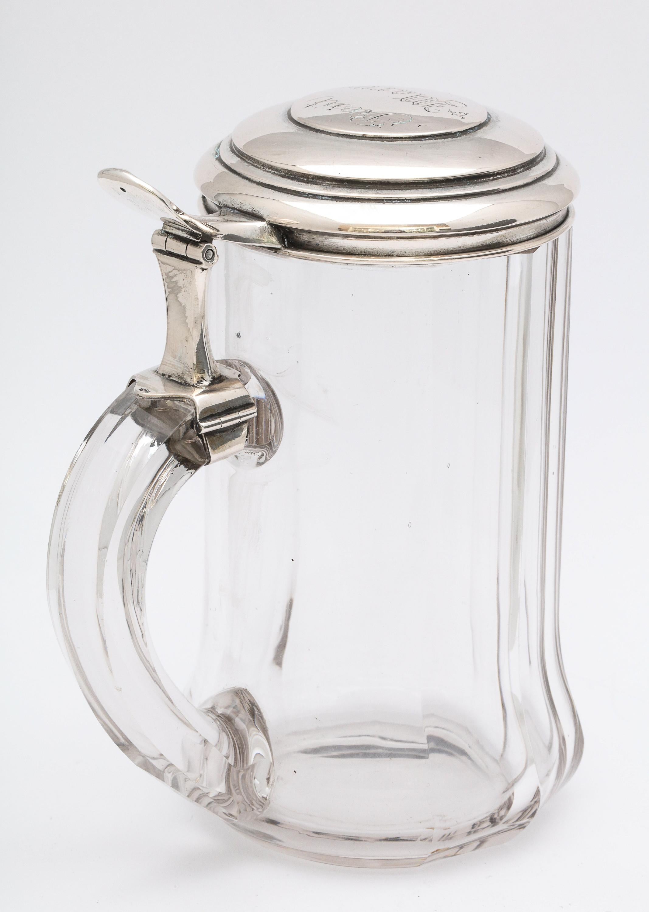 Sterling Silver Edwardian Continental Silver '.800' Mounted Glass Drinking Stein With Hinged Lid For Sale