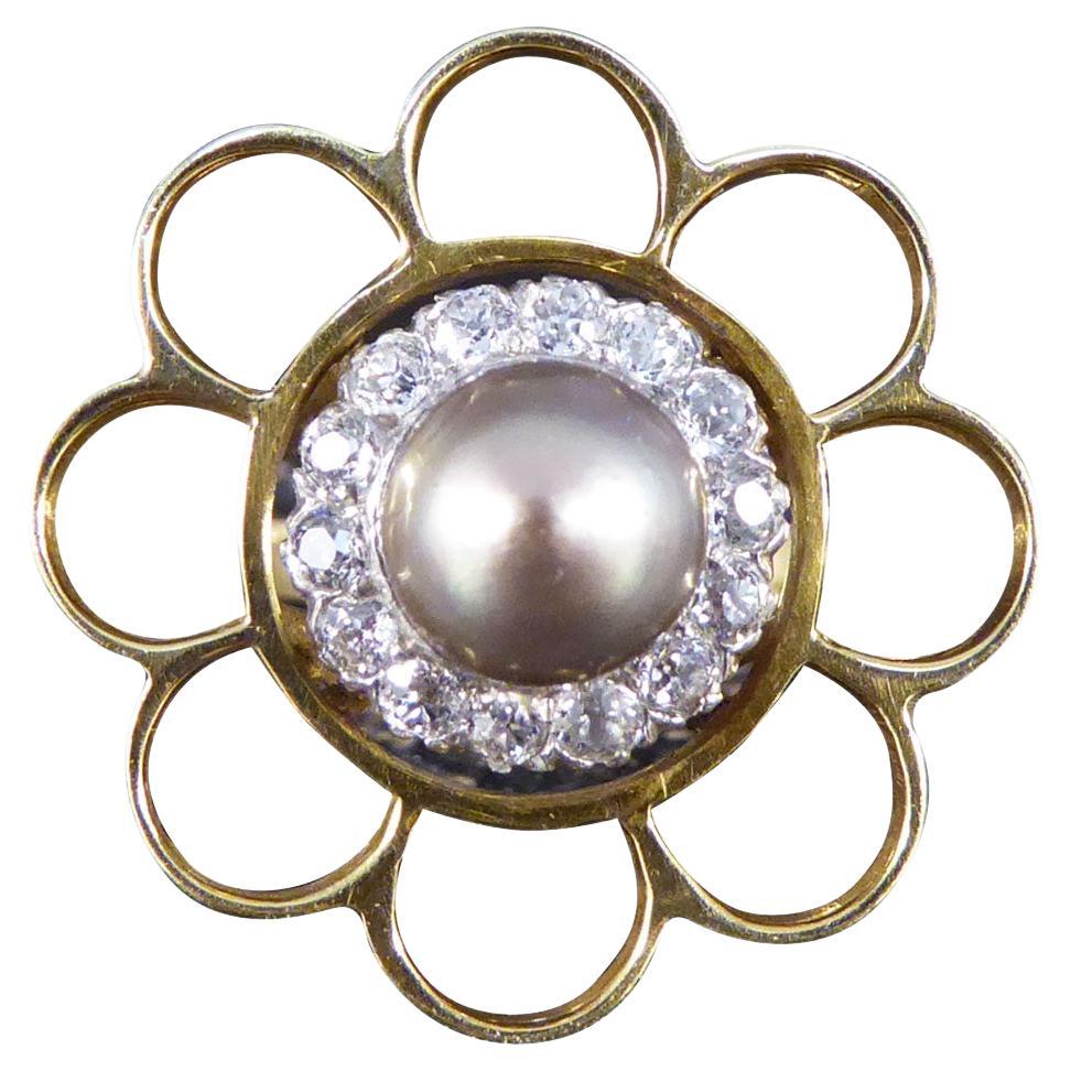 Edwardian Converted Grey Pearl and Diamond Cluster Ring with Flower in 18ct Gold For Sale