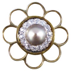 Bague édouardienne en or 18 carats, perle grise convertie et grappe de diamants avec fleur