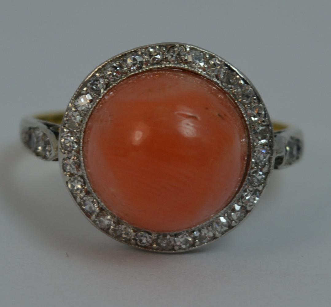 Edwardian Coral and Diamond 18 Carat Gold Halo Cluster Ring 8