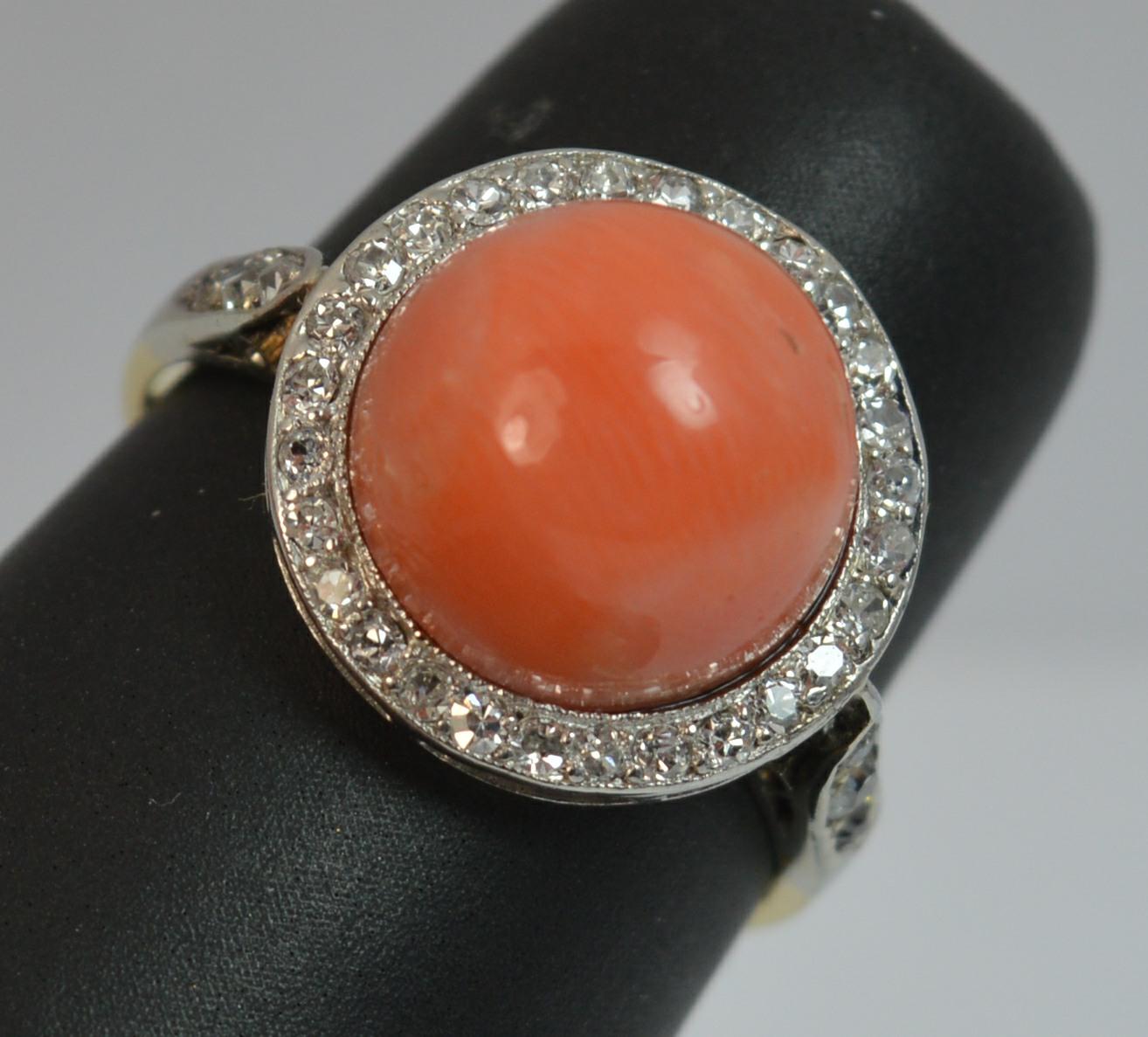 Edwardian Coral and Diamond 18 Carat Gold Halo Cluster Ring 9