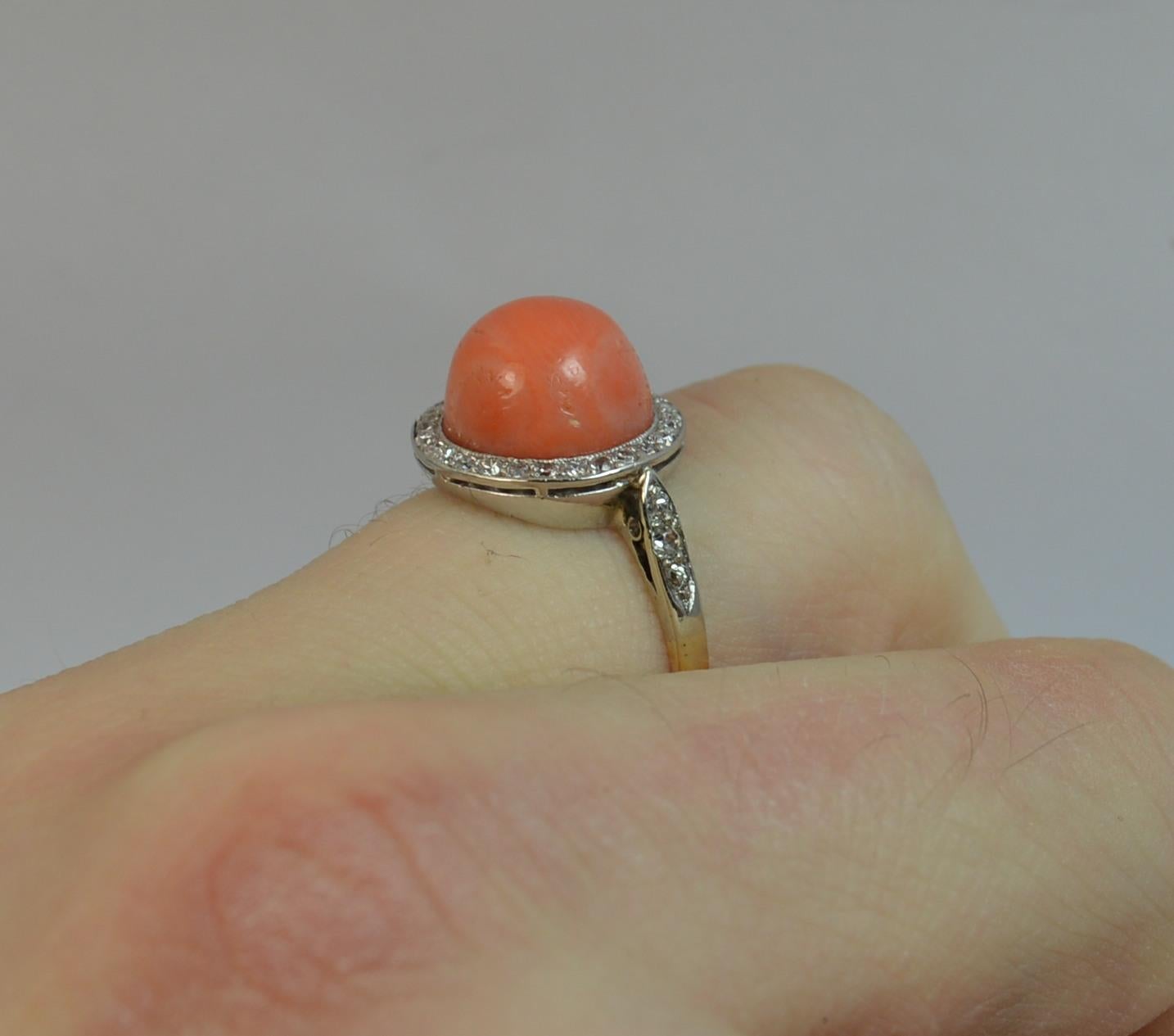 Edwardian Coral and Diamond 18 Carat Gold Halo Cluster Ring In Good Condition In St Helens, GB