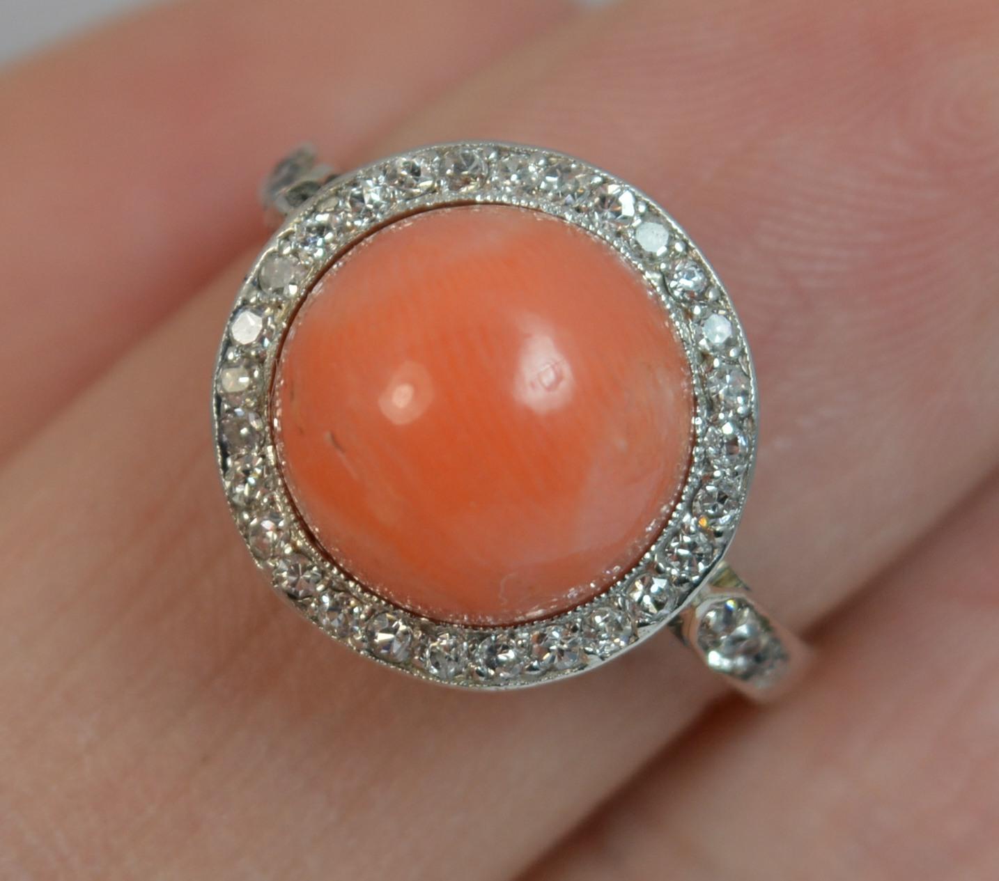 Women's Edwardian Coral and Diamond 18 Carat Gold Halo Cluster Ring