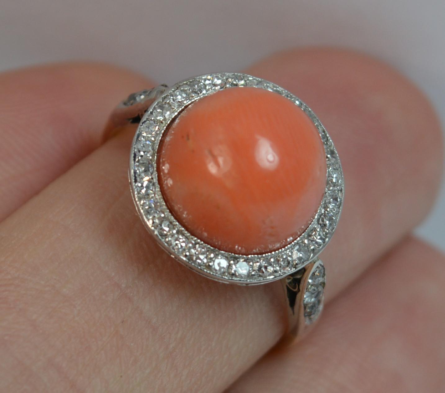 Edwardian Coral and Diamond 18 Carat Gold Halo Cluster Ring 1