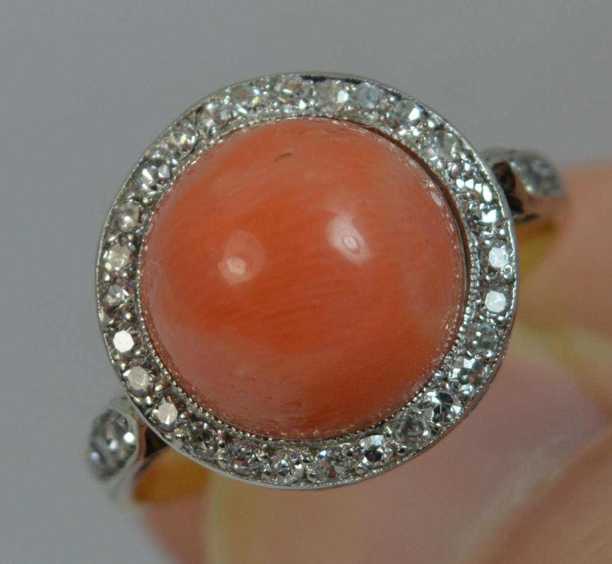 Edwardian Coral and Diamond 18 Carat Gold Halo Cluster Ring 3