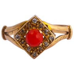 Antique Edwardian Coral and Diamond 9 Carat Gold Ring