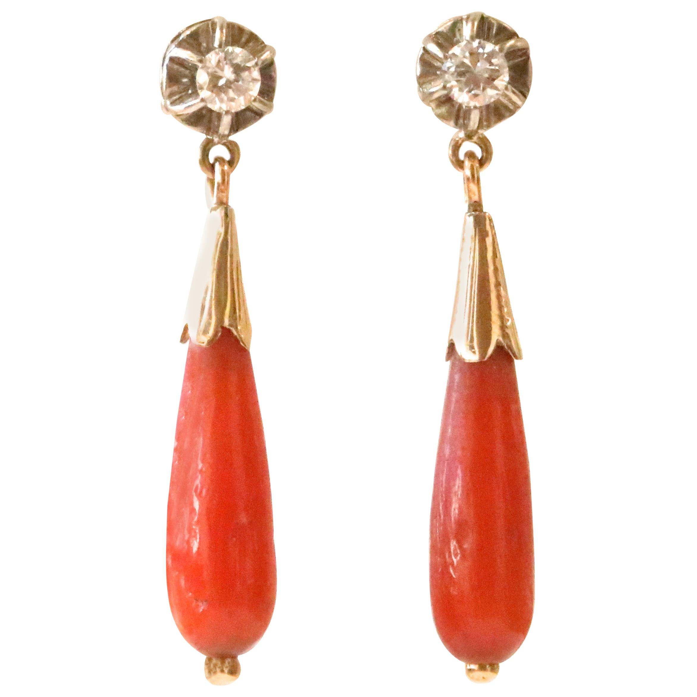 Edwardian Coral Diamond 14 Karat Gold Platinum Drop Earrings