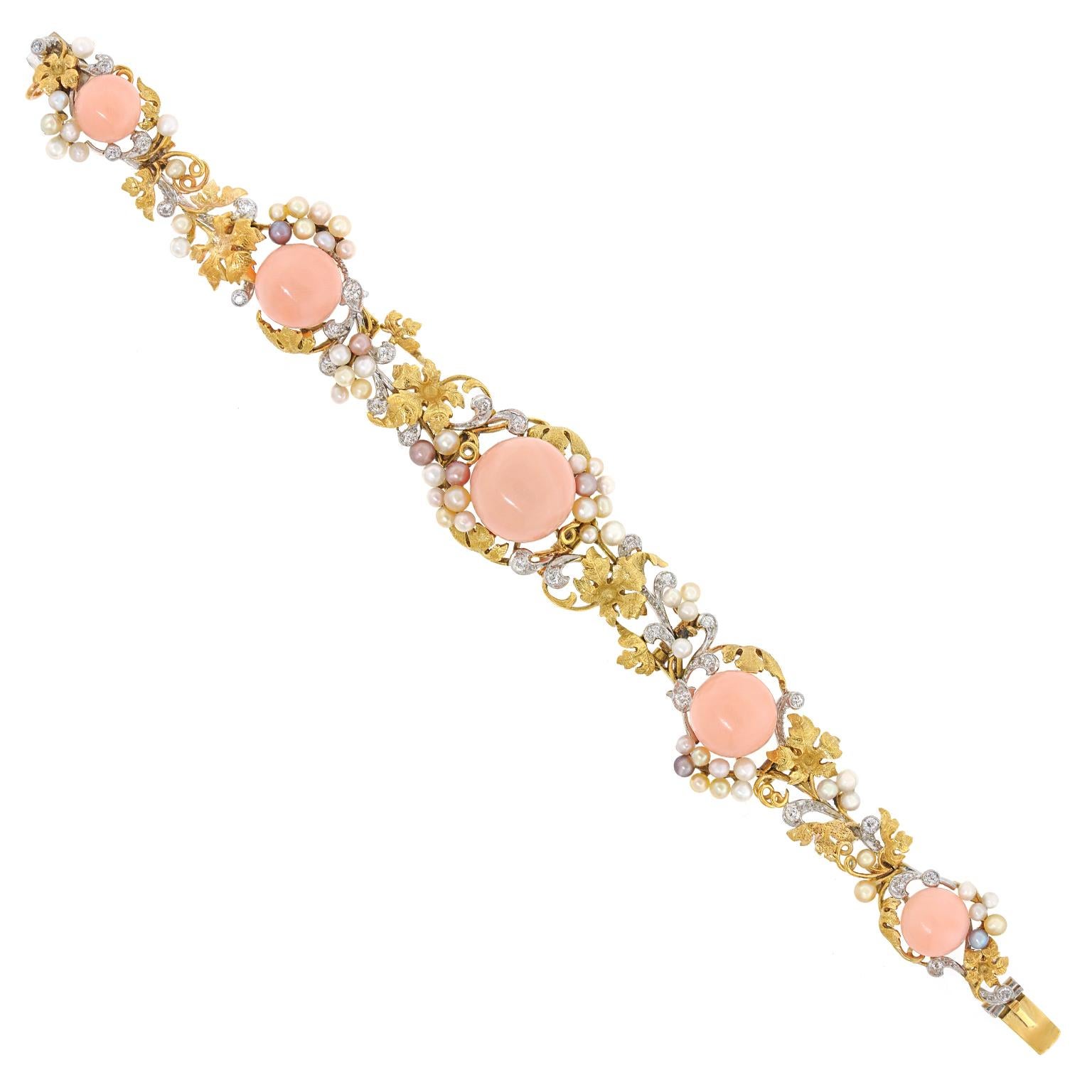 Edwardian Coral, Diamond, and Pearl Bracelet by JE Caldwell (Rundschliff) im Angebot