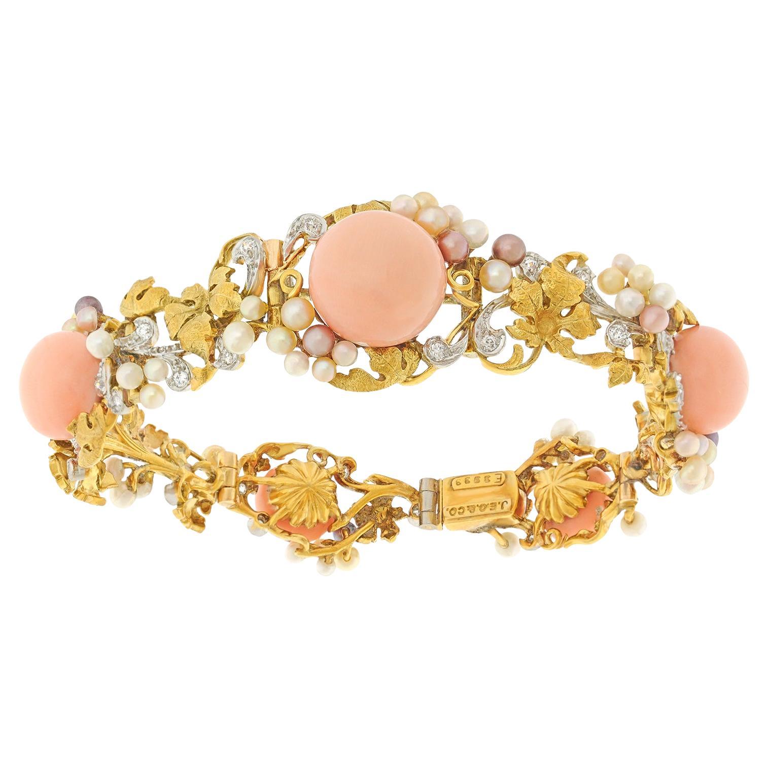 Edwardian Coral, Diamond, and Pearl Bracelet by JE Caldwell